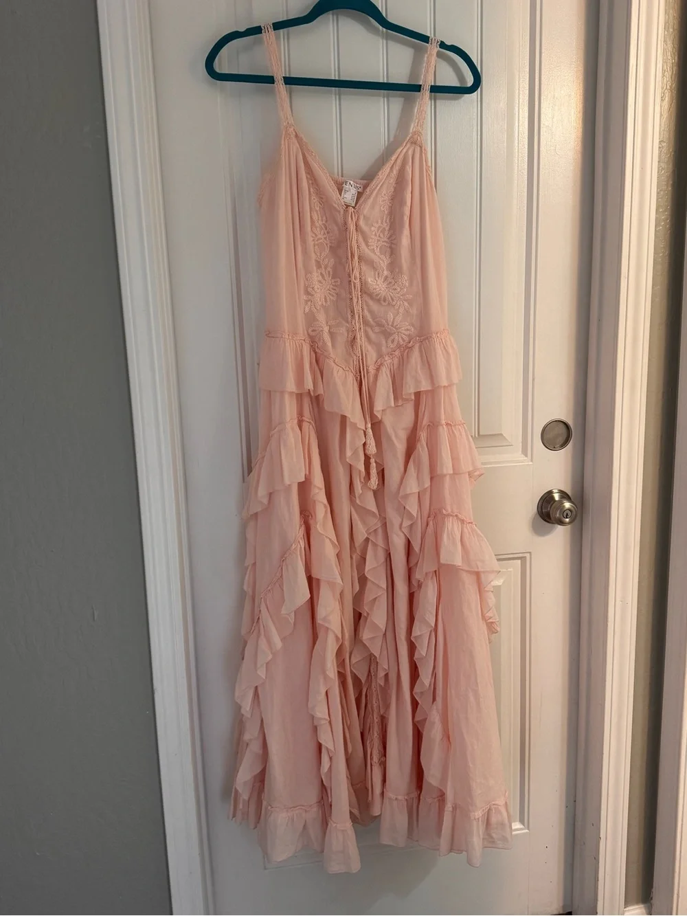 Boho Peach Ruffle Maxi Dress Lace Trim Smocked Back Festival Cottagecore - Picture 4 of 10